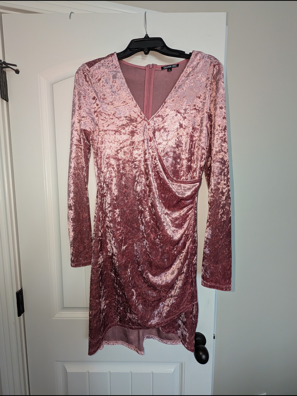 Gianni Bini Rose Pink Crushed Velvet Wrap-Style Long Sleeve Dress